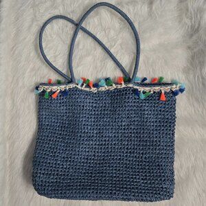 Blue Hobo Straw Beach Bag, Tote Bag, Woven Shoulder Bag, Summer Handbag, Tassels